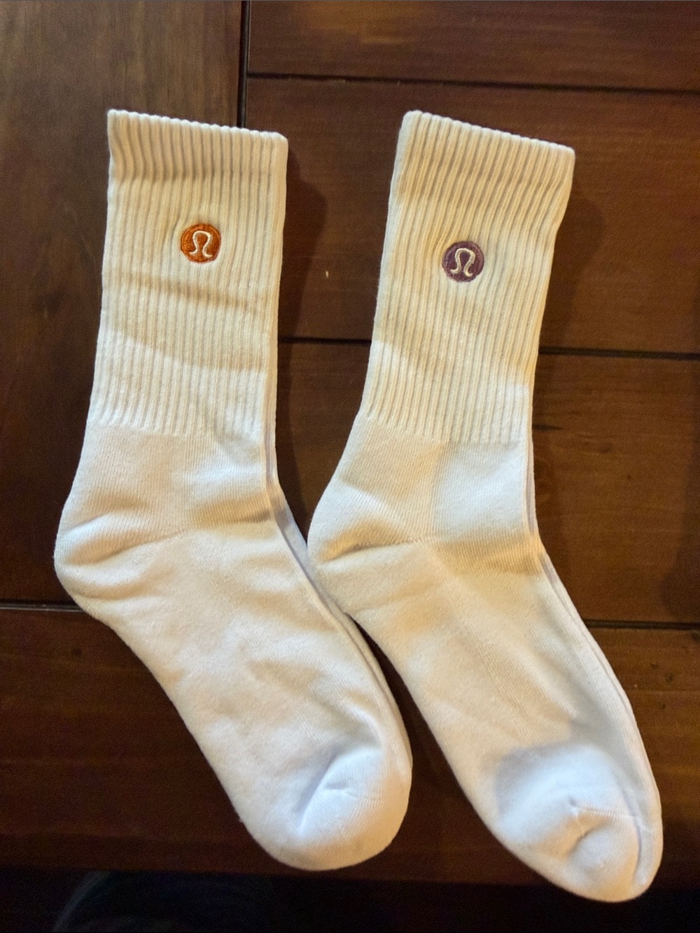 Lululemon White Crew Socks with Orange and Purple Logos (2 pair)